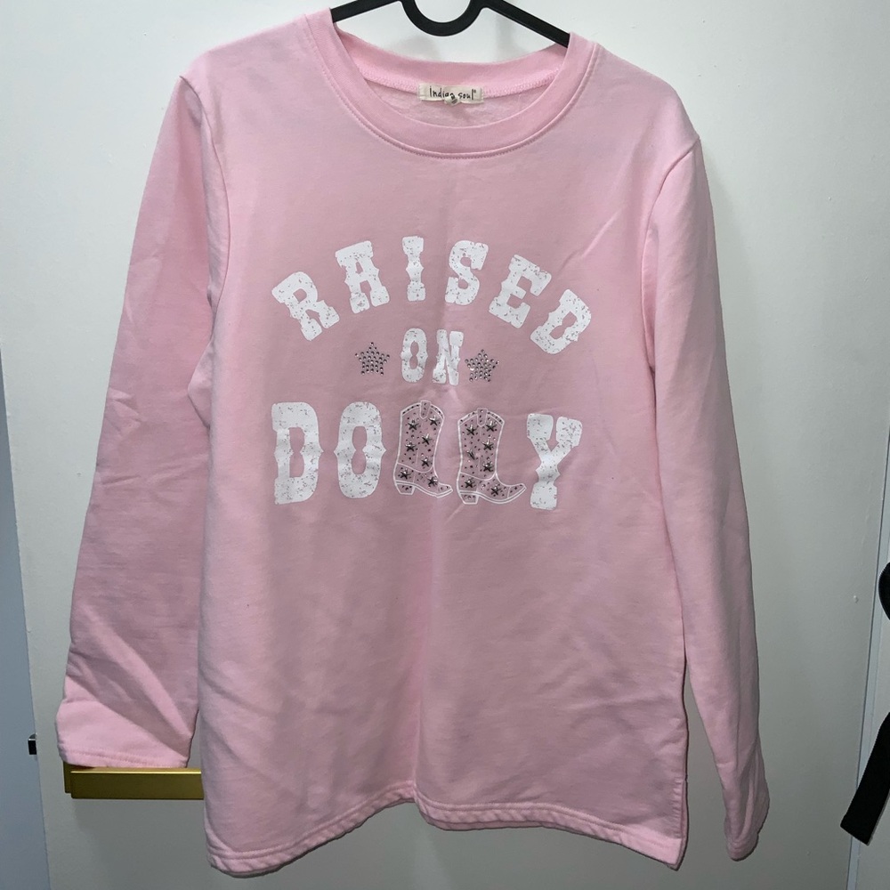 Women Long Sleeve Pink Shirt with 'Raised on Dolly' Design